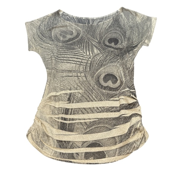 Y2K TWENTY ONE women's ruched sparkly peacock tee, size small-med. - Picture 1 of 3